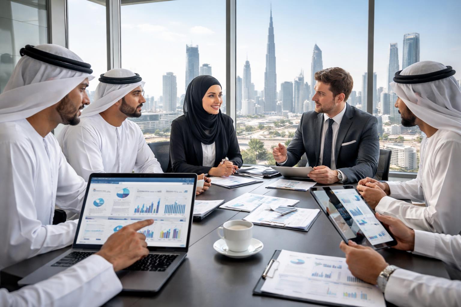 A group of professionals in a modern office meeting room overlooking Dubai's skyline, collaborating with laptops and tablets.