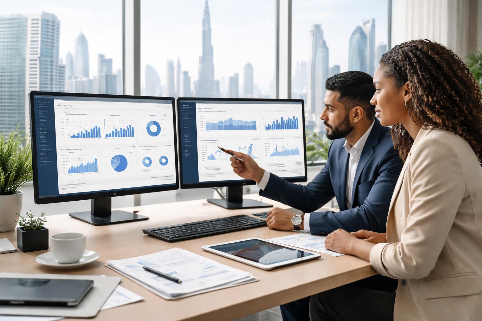 Two real estate professionals discussing data on computer screens in a modern office with a city skyline visible through large windows.