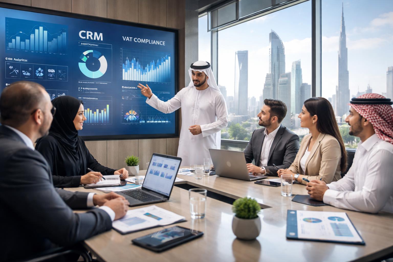 A group of professionals discussing business data around a conference table in a modern office with city skyline views.